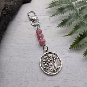 Lily Of The Valley Flower Keychain with Pink Beads / Bag Charm